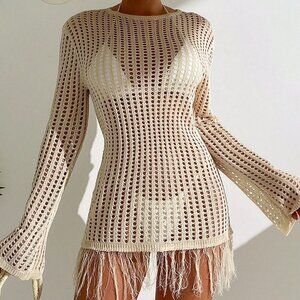 White Casual Women's Apricot Colored Knit Hollow Out Long Sleeve Cardigan Dress